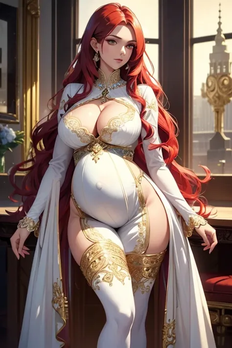 8k, masterpiece, very realistic, Full body, Sexy pregnant goddess, very slim waist, big thighs, elaborate detailed ornate tight beautiful sparkling white dress, (long wavy flowing redhead), elaborate detailed patterned leggings, bright, (pregnant 1.2), bac...