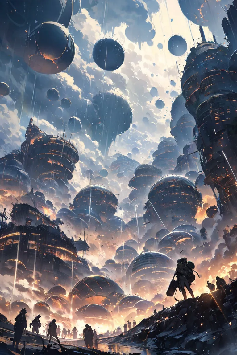 super fine illustration, masterpiece, best quality, view from the hill, destroyed future city, pale white light, clouds hiding the sky, endless rain, countless rains falling, a giant black ball object attack, a swarm of shining angels descending from the s...