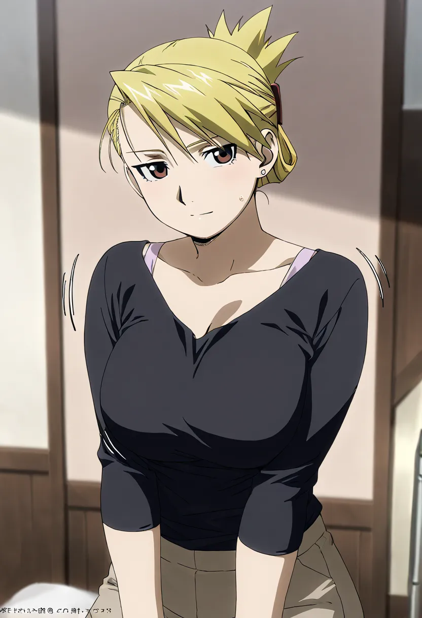 folded ponytail、short hair、Riza Hawkeye、Fullmetal Alchemist、motion line、Anime Coloring、1koma、mature female、masterpiece、high quality、high image quality、 pretty finger、detailed face