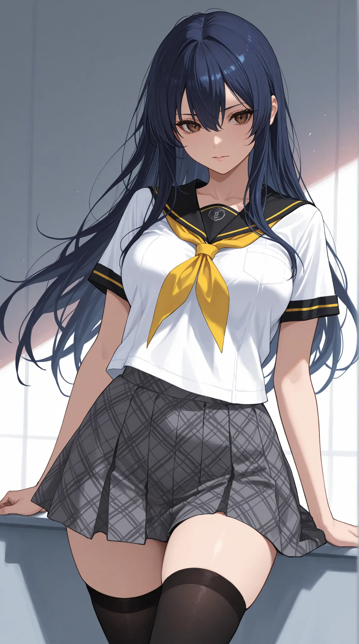 1girl, solo, female only, masterpiece, wonderful, 4K resolution, Highest quality, Perfect detail, Intricate details, Super detailed, Detailed skin, score_9, score_8_superior, score_7_superior, score_6_superior, anime, long hair, dark blue hair, brown eyes,...