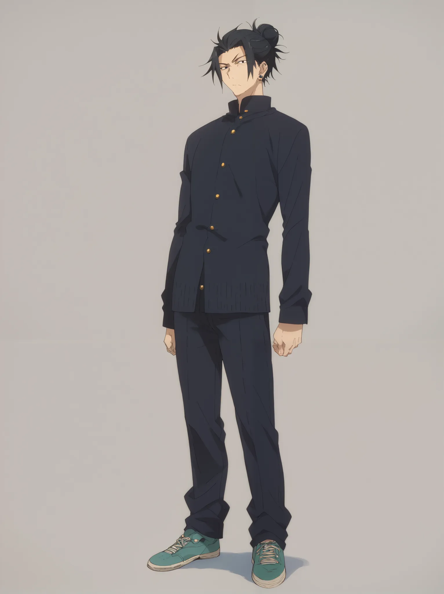 (((Highest Quality))), (Simple background), score_9, score_8_up, score_7_up, score_6_up, score_5_up, 1boy, fullbody, standing, Getou Suguru, Black hair, Single hair bun, Gakuran, Ear piercing, Black eyes