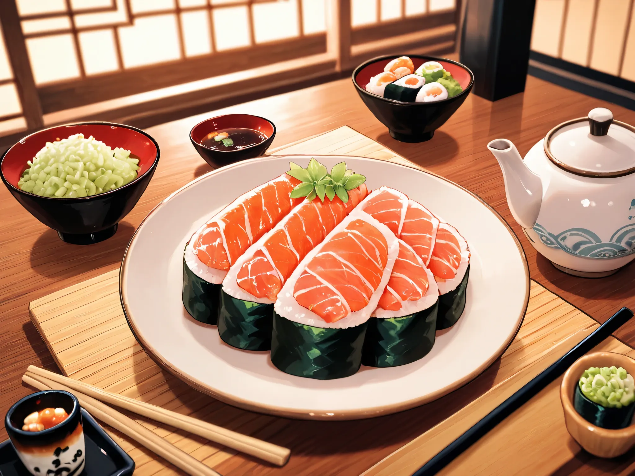 An elegant Japanese sushi feast displayed on a wooden dining table, featuring an assortment of fresh nigiri, vibrant maki rolls, and delicate sashimi, beautifully arranged on ceramic and wooden plates. The sushi is accompanied by dipping bowls of soy sauce...