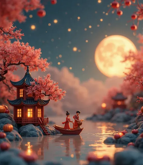 (3D Art，3D Style), A charming night scene full of tranquility，Starry Sky，(Mid-Autumn Festival:1.5)，Macro lens，  Desktop  ，Mid-Autumn Festival，Mini mooncakes，Miniature villains，osmanthus tree，A little person sawing a mooncake，Transporting mooncakes，Half moo...