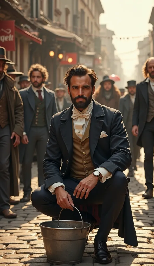 A 1800s visual showing a good looking man in public surrounded by a crowd and there's a empty bucket besides him, man sitting on a road