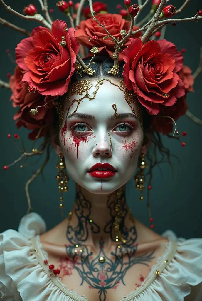 Cracked floral mask, red lips too bold, vines creeping through fractures—organic or artificial, beauty or ruinAround and On  her eyes Red and gold Gems and Glitter , Full Shot of Her in her dress,

A Beautiful Real Looking Woman with stretched plastic skin...