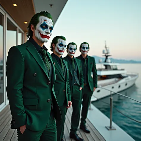 Create a visually stunning and thematically rich image of a professional ultra-realistic photograph capturing the scene of four men standing on the balcony of a modern mansion overlooking the sea. The men are dressed in dark green suits and wearing Joker m...