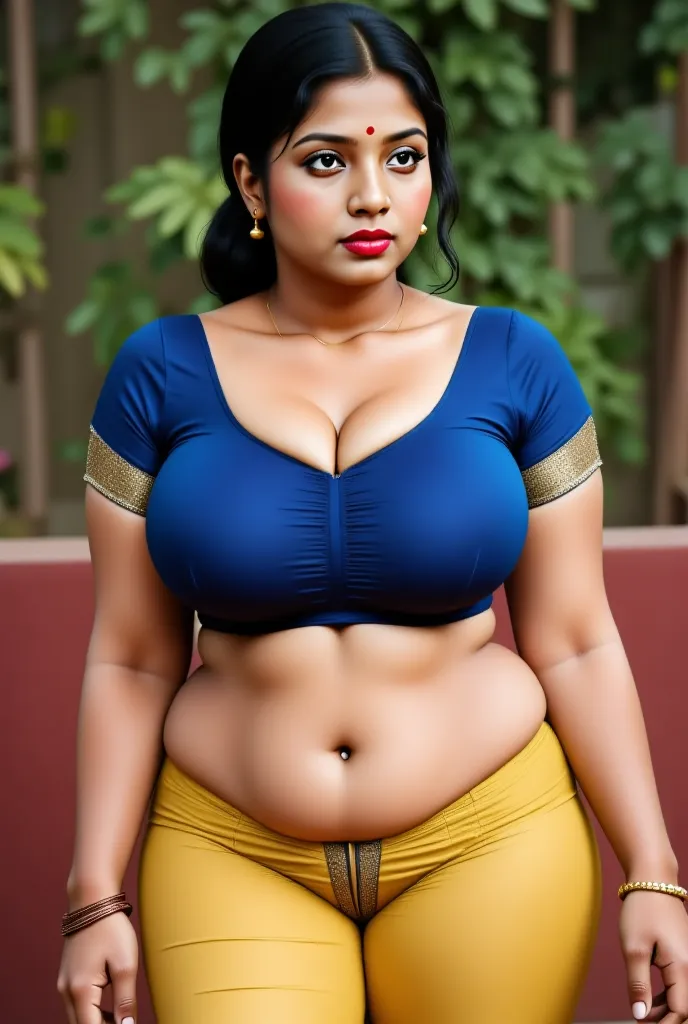 photo of kerala plus size mallu aunty, wears blue blouse,she has big cleavage, wide fleshy big belly