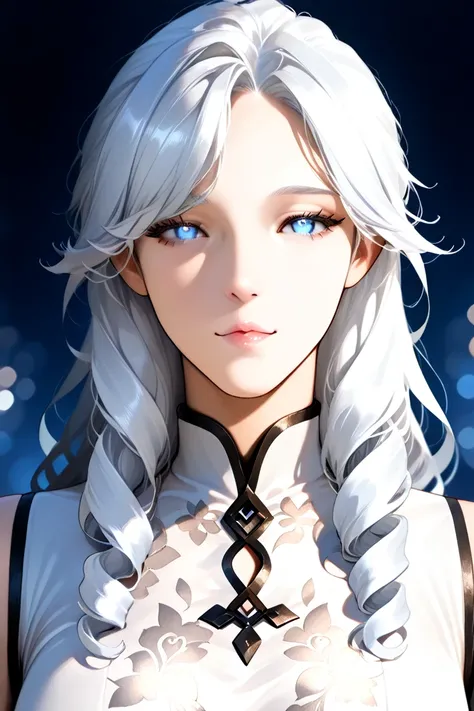 young boy big eyes white eyelashes blue eyes shoulder length white hair very curly with bangs