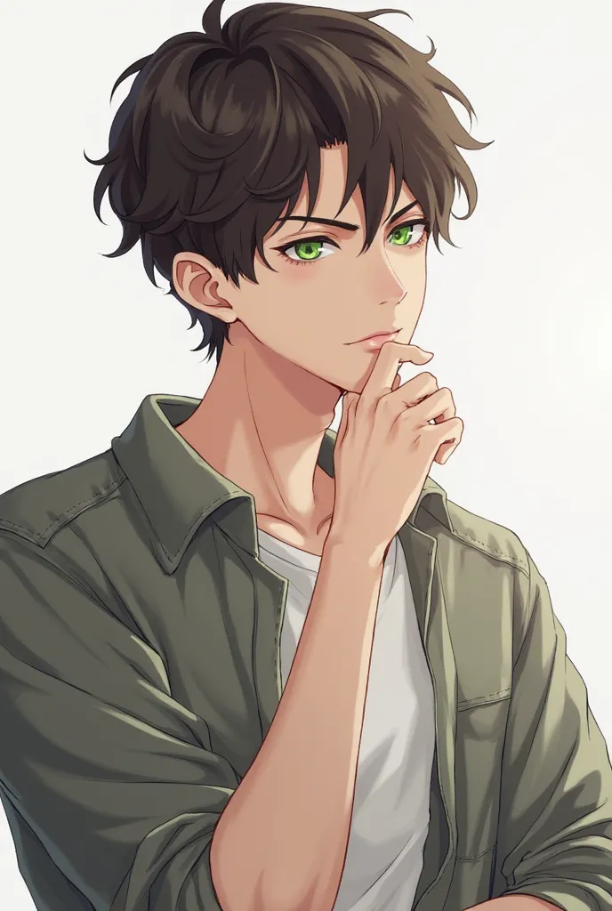 Man wearing casual clothes but not disheveled, green eyes, short dark brown slightly wavy hair, your neutral or stoic expression, (anime style) 