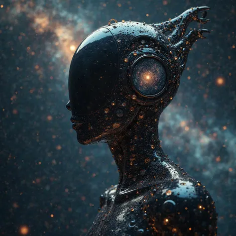 "A futuristic humanoid figure with a sleek, black, and metallic body, seamlessly merging with the vastness of space. Its face and neck are embedded with numerous reflective, circular mirrors and crystalline orbs, each capturing cosmic imagery such as galax...