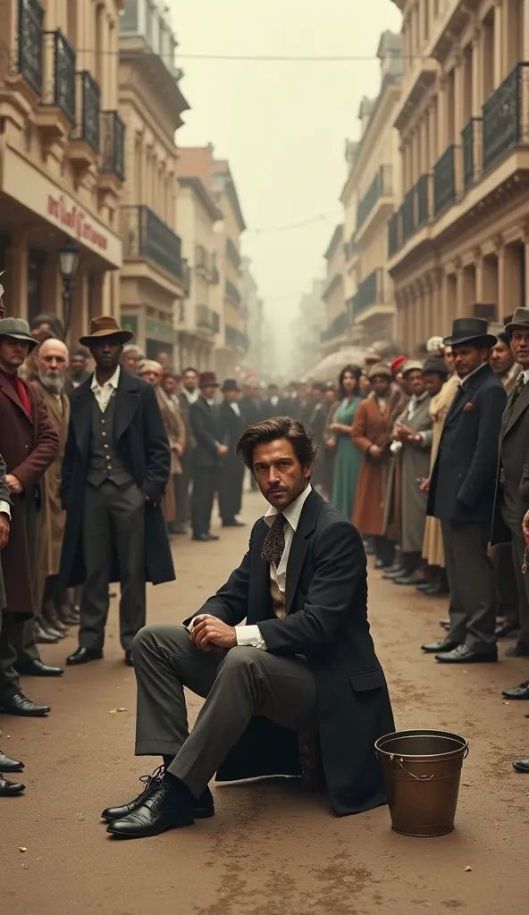 A 1800s visual showing a good looking man in public surrounded by a big crowd and there's a empty bucket besides him, man sitting on a road