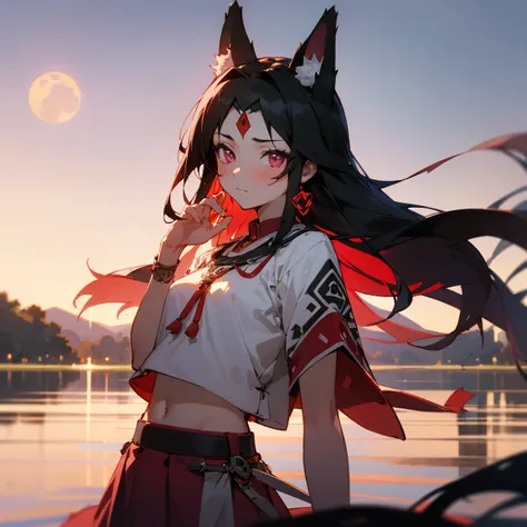 aztec girl, beautiful girl, young girl, incredible lake, fantastic view, beautiful landscape, moon, (aztec ornament:1.0), black hair, long hair, pink eyes, (beautiful white chest band in a red line: 1.0), red skirt,  human ears, in full growth, light blush...