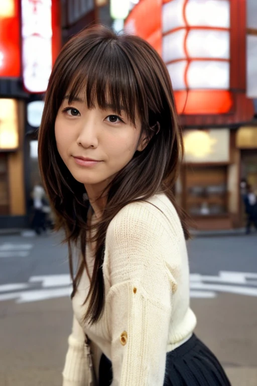 Product quality, 1 girl, Cowboy Shot, Front view, Young and pretty girl in Japan, At night, Wearing a knitted sweater, Wearing a mini skirt, (View your audience:1.2), (Looking into the camera:1.5), ((In the city of Ginza:1.5)), Super cute face, Glossy Lips...