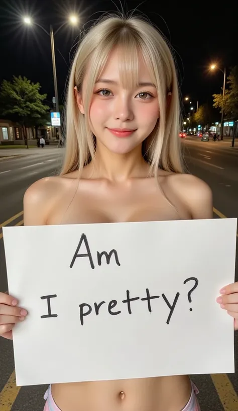 A girl with her torso exposed shows a large paper board, gorgeous, (naked), (big breasts), beautiful blonde, smiling, showing teeth, sparkling eyes, stunning beauty, breasts hidden by the board, holding a white sign that says "Am I pretty?", showing it to ...