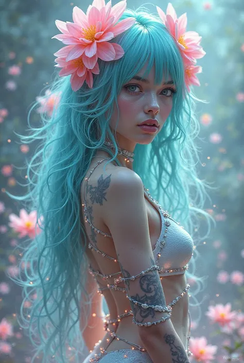 A highly detailed, ultra-realistic photograph captures a fair-skinned woman with long, flowing aqua hair that shimmers like liquid silk. Her hair is intricately adorned with vibrant, bioluminescent flowers, creating a radiant halo of soft, glowing blossoms...