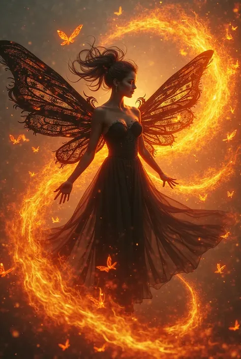 Create a black fire fairy surrounded by flames with eyes burning in flames and flaming azas of butterflies around a circle 