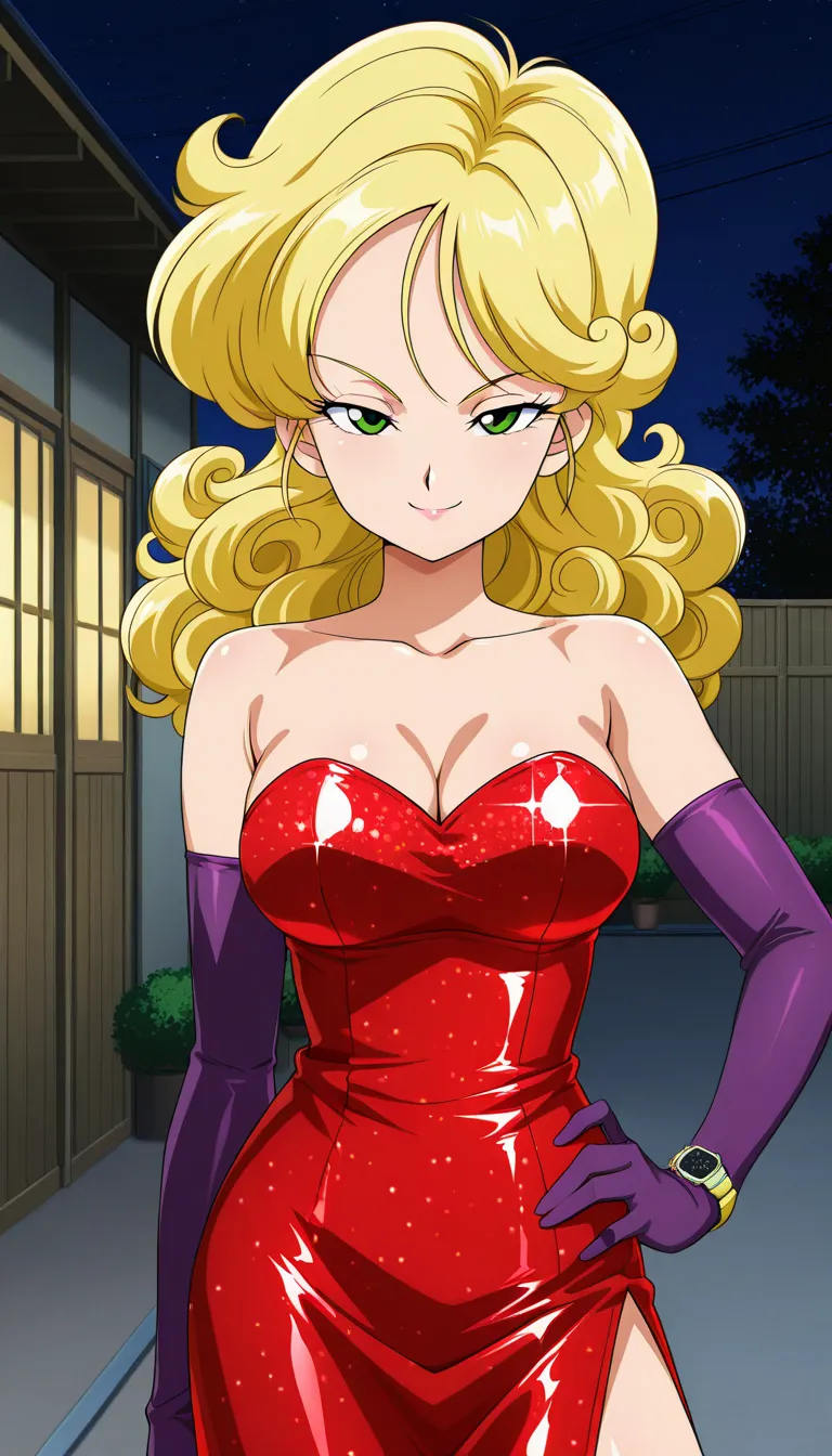 anime screencap, absurdres, high quality, official style, official style, 1girl, solo, launch bad, blonde hair, long hair, curly hair, green eyes, collarbone, cleavage, wristwatch, upper body, looking at viewer, bare shoulders, smile, half eyes closed, sex...