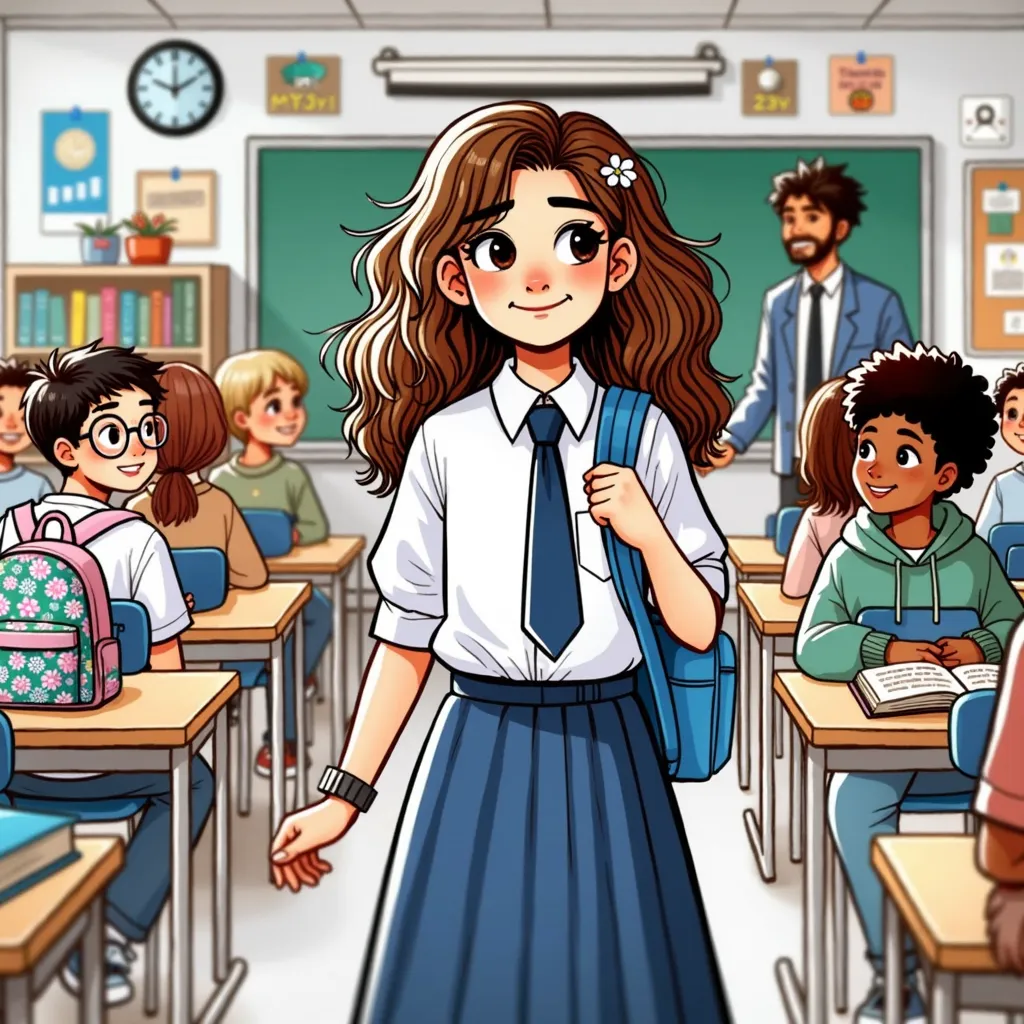  Janvi  enters a new classroom, feeling nervous as she looks for a seat. The classroom is bright, filled with students chatting. She sits beside a girl, hoping to make a friend.
hoping to make a friend 