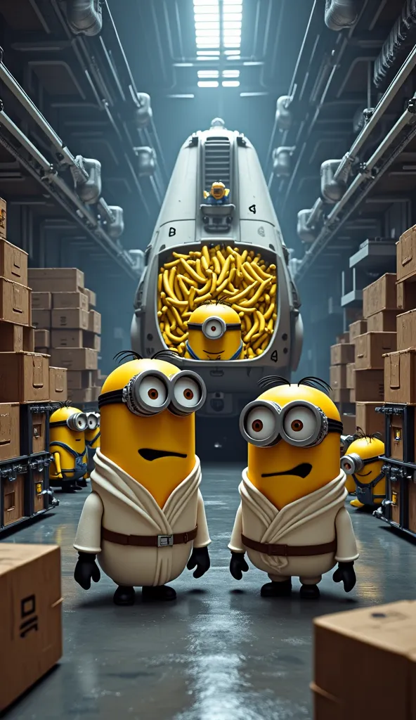 "Inside a massive spaceship hangar, Leia and Luke, both in Minion form, stand ready for their next mission. Leia Minion, wearing her iconic white gown and hairstyle, and Luke Minion, in his Jedi robes, are standing near a spaceship, surrounded by machinery...