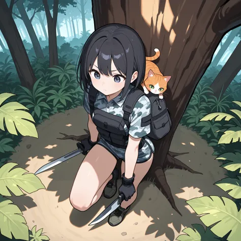  A Girl,(An orange cat standing on his shoulder),Girl wearing gray mantelpiece,There's a blue wave knife at the waist,(WEARING CAMOUFLAGE MINI SHORTS),Bound bag,Black Hair,With gloves,Standing on a tree ,The background is tropical forest,The orange cat on ...