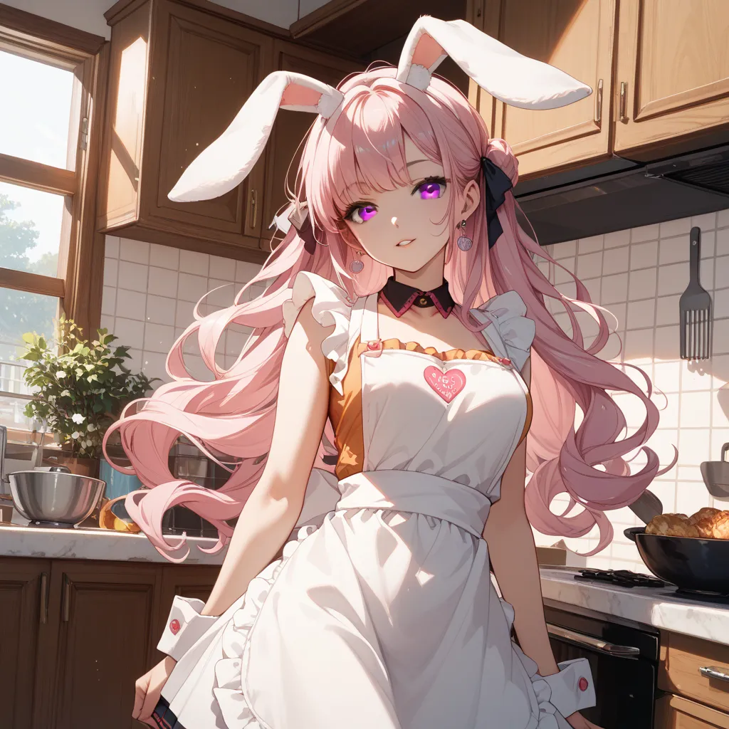 1 woman、long pink hair、 loose fluffy waves 、gray eyes、 beauty、 clear、White rabbit ears、apron、 kitchen background