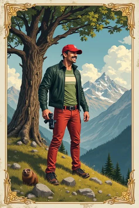 Create a masterpiece, best quality, 1930's magazine cover style.
Foreground: mountainous hill full of grass and some rocks, big oak tree on the left, marmot next to man, (((1: Italian man (Andrea Bruno aka Super Luminous), three-quarter profile, standing u...