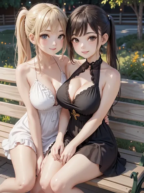 masterpiece,is anatomically correct,High Resolution,Ultra High Definition, two beautiful girls,Baby Face,Big breasts and beautiful legs, Gold, black hair,twin tails,ponytail for men,dress with ruffles, white sandals,garden,sitting with legs together on a b...