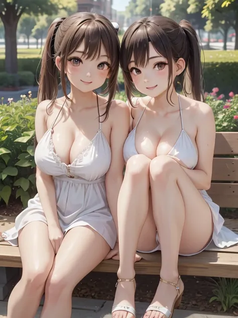 masterpiece,is anatomically correct,High Resolution,Ultra High Definition, two beautiful girls,Baby Face,Big breasts and beautiful legs, Gold, black hair,twin tails,ponytail for men,dress with ruffles, white sandals,garden,sitting with legs together on a b...