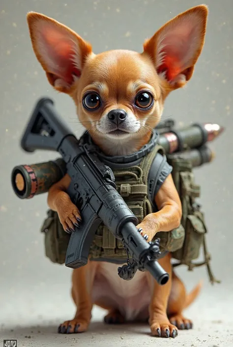 A brown Chihuahua dog with an ak and a rocket backpack 