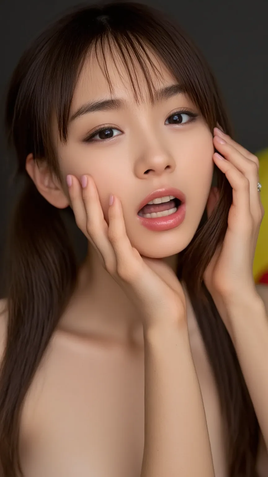   ultra-realistic skin texture 、  Ultra High Definition 、Dark indirect lighting with an erotic atmosphere、Very young face、Very young body、An image of the face of a  showing her tongue from directly above、facial super close-up、 is naked、blonde ish twin-tail...