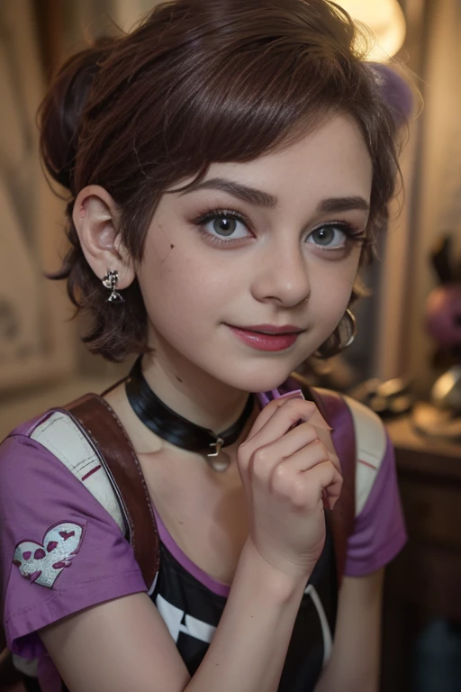 Girl with short light brown hair , short hair , beautiful age woman, Beautiful woman , Photo of a beautiful ager , Nice smile  ,cute makeup , purple eye shadow   , beautiful age girl , 1  , cute makeup , small nose ,freckles on cheeks and nose, Red lips  ,...