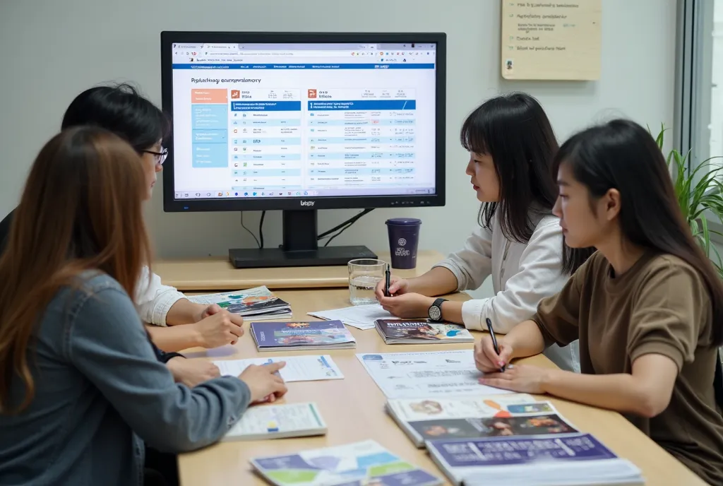 A scene where Korean education consultants and students discuss college entrance examination strategies, Various university brochures and admissions application materials on a table, University rankings and entrance examination information on a computer sc...