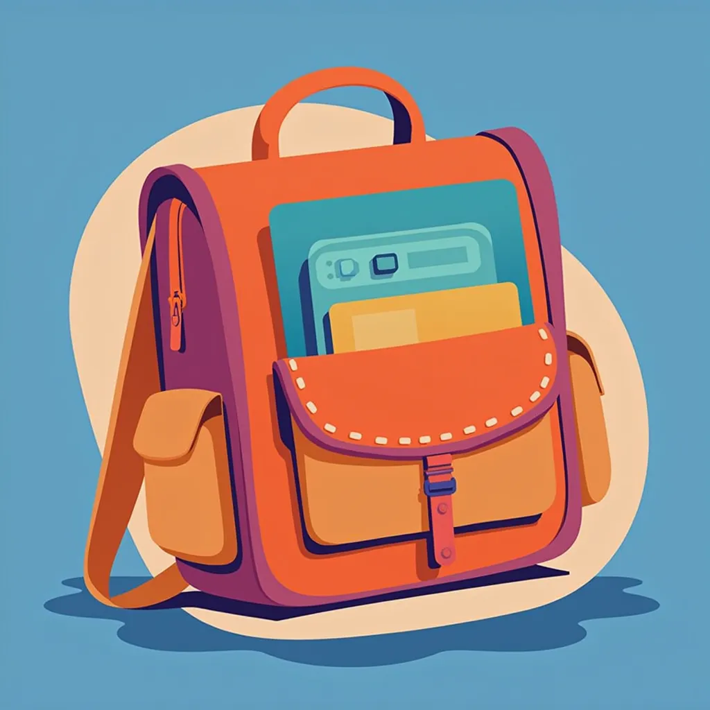 backpack with background is a soft gradient of blue (wall) and beige (floor).