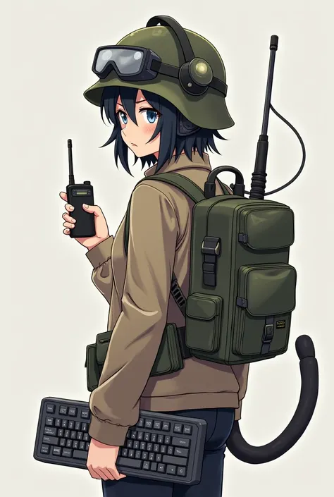 anime girl , backpack with radio station on the back, walkie-talkie, in the hand on the waist, a hanging keyboard, On his head is a military helmet,  slim , You can see the press, , you can see the chest,  leaned forward, кошачий хвост у девушкиBreasts, lo...