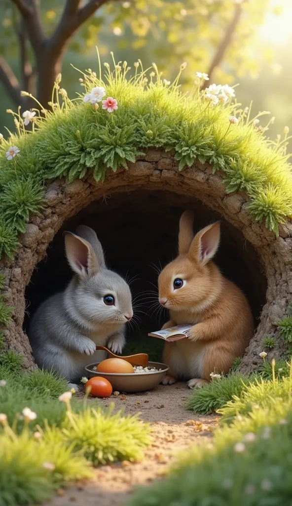 A cozy rabbit burrow nestled in a lush green meadow. Inside, (Mama Rabbit) with soft gray fur is preparing a meal, while (Papa Rabbit) with warm brown fur reads a book. Soft sunlight filters through the entrance, creating a warm, inviting atmosphere.