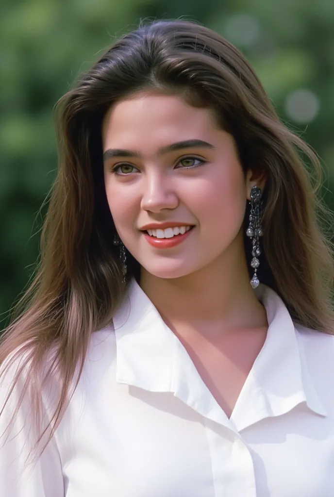 Adorable beautiful girl with a fresh smile wearing a loose white blouse、age Jennifer Connelly、Picture taken from the side、Adorable beautiful girl with a fresh smile wearing a white cutter shirt looking sideways into the distance、A wide-angle photograph sho...