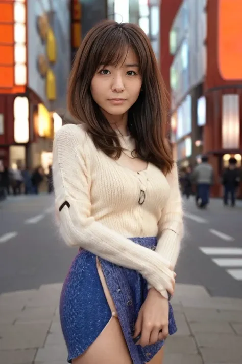 Product quality, 1 girl, Cowboy Shot, Front view, Young and pretty girl in Japan, At night, Wearing a knitted sweater, Wearing a mini skirt, (View your audience:1.2), (Looking into the camera:1.5), ((In the city of Ginza:1.5)), Super cute face, Glossy Lips...