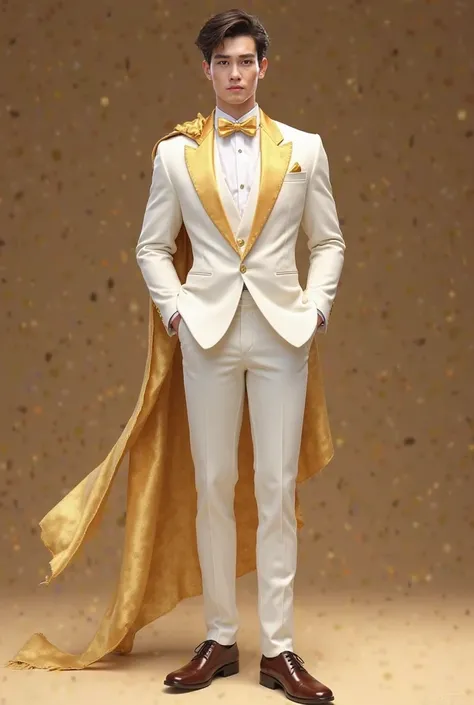 young guy wearing white tuxedo and white pants, with white inner and gold classical bow tie, with one shoulder gold half body silk shawl and brown shoes