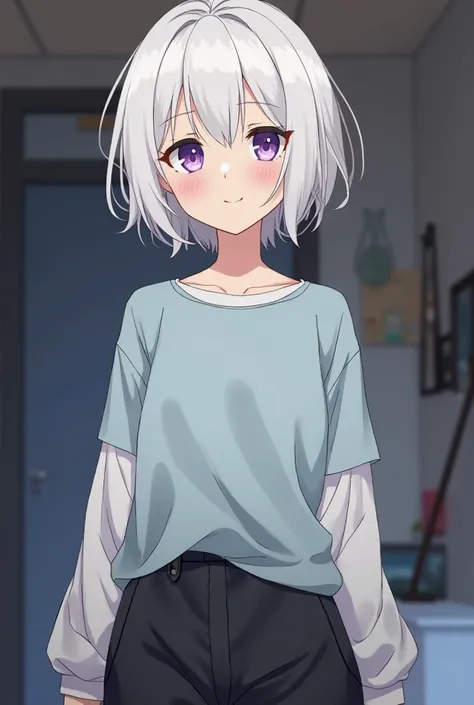 Screenshot of Spy x family. 
A  girl, white hair, amethyst eyes, loose-fitting black pants, white long-sleeved shirt, above her, a short-sleeved light blue shirt and, in the background, the room of the forget. 