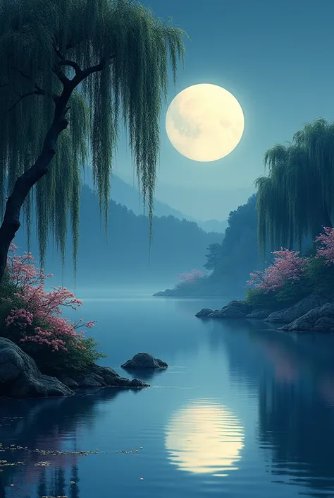 The scene of the full moon of the West Lake in the Ming dynasty reflected on the surface of the lake is surrounded by dense willows and peach blossoms