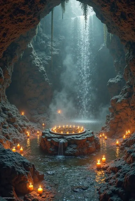 A realistic 4k dynamic image of the Yoni Pith inside the cave at Kamakhya Temple. It shows a natural stone formation with water flowing gently around it, surrounded by candles and offerings. The lighting is soft, with an aura of mystery and sacredness. The...