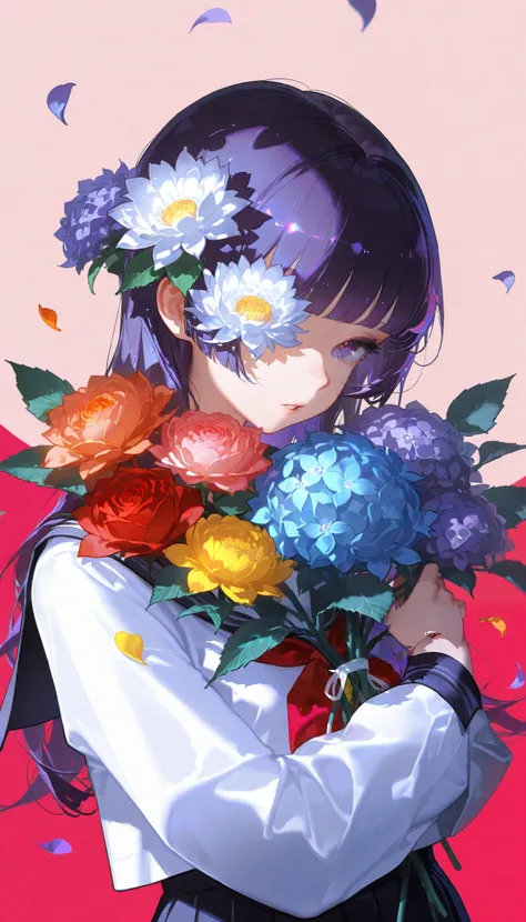 masterpiece, best quality, good quality, very awa, very aesthetic, absurdres, newest, 1girl, solo, long hair, purple eyes, purple hair, parted lips, blunt bangs, looking at viewer, holding bouquet, one eye covered, white shirt, school uniform, long sleeves...