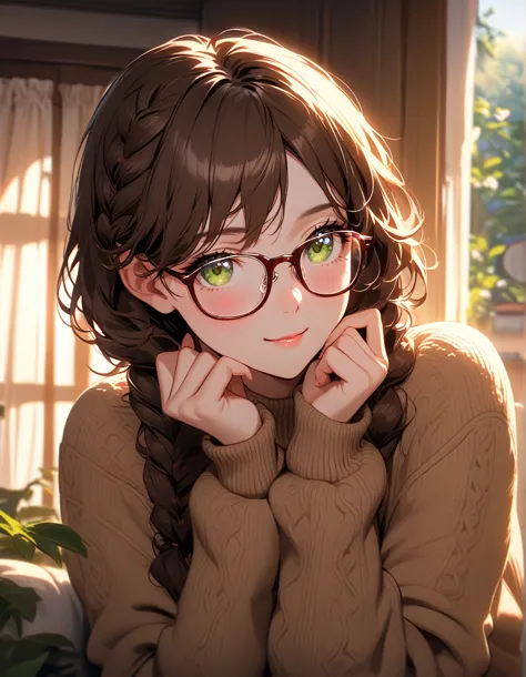 Masterpiece, beautiful, Yandere, Big sister, daily life, detailed face, inside the house, Dark brown sweater, round transparent cute glasses, braided and beaded hair, smiling 