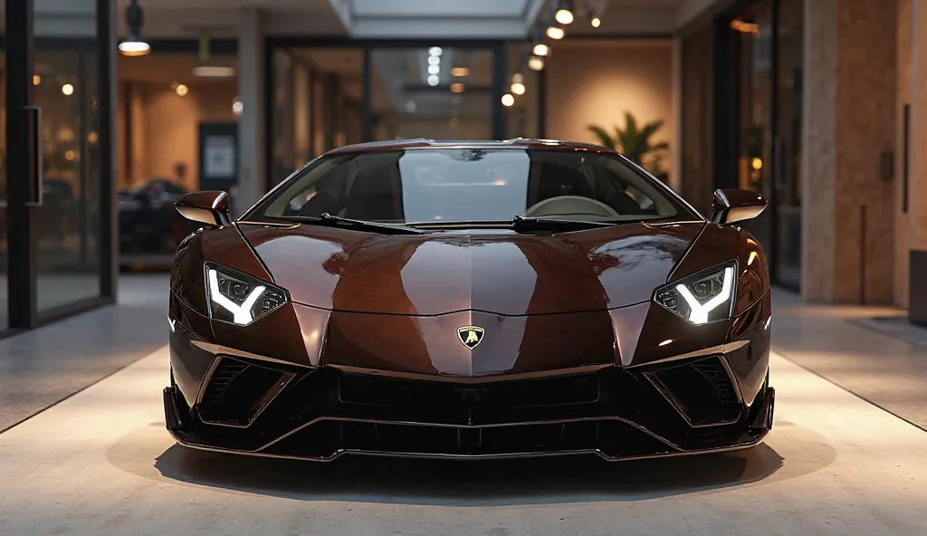 Create a 3d render (front) review car design 2025 (Lamborghini Aventador)  “(Dark brown) colour with a “(Lamboghini) ” logo on back. “ on its  back end look. and Headlights“in pure glossy black with ultra detailed glossy shining image captured from  (front...