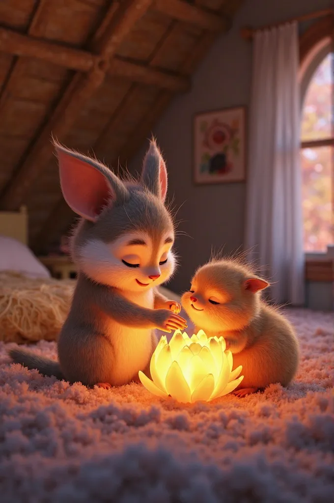 [3D Pixar-style], [Bablu carefully applying a sweet flower nectar on Pyaari’s wings], [Pyaari resting peacefully, eyes closed, as Bablu works tenderly], [The burrow’s interior filled with soft, glowing light from a flower-shaped lamp, creating a calming at...