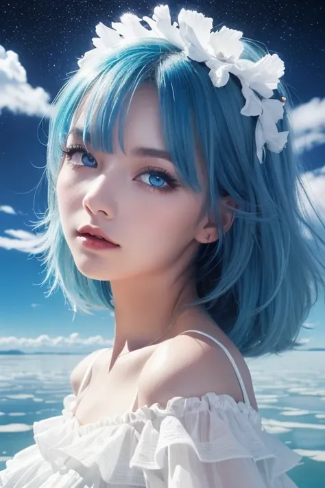  absurd,  high res, ( Official Art,  beautiful and aesthetic :1.2), (Shortsighted:1.15), ( 1 girl,  Blue Hair,  medium hair,  blue eyes, bright eyes,  long white dress, Blue frills,:1.2)  blue sky, Shining Galaxy, ( Salar de Uyuni:1.2), ( fractal art :0.8)...