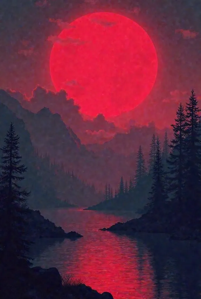 A large, glowing red moon dominates the night sky above a serene landscape of dark mountains and silhouettes of evergreen trees. The moon reflects on a calm lake, contributing to the overall eerie and mystical atmosphere. Wispy clouds softly surround the m...