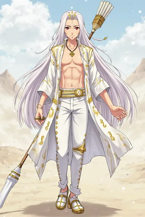 A male anime character with long white hair and gold jewelry on his head, wearing a white shirt with a gold pattern, unbuttoned, two zig-pack buttons, white pants with gold pattern, white Chinese shoes with a gold pattern, armed as an arrow with a rod. A w...