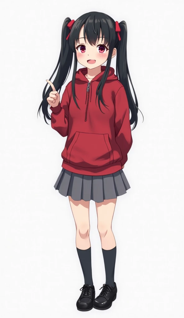 Japanese anime age woman with long straight black hair with two pigtails and short locks and intense magenta eyes and wears a red sweatshirt with a red zipper and a red hoodie, and gray pleated skirt and knee-length black socks and shiny black leather shoe...