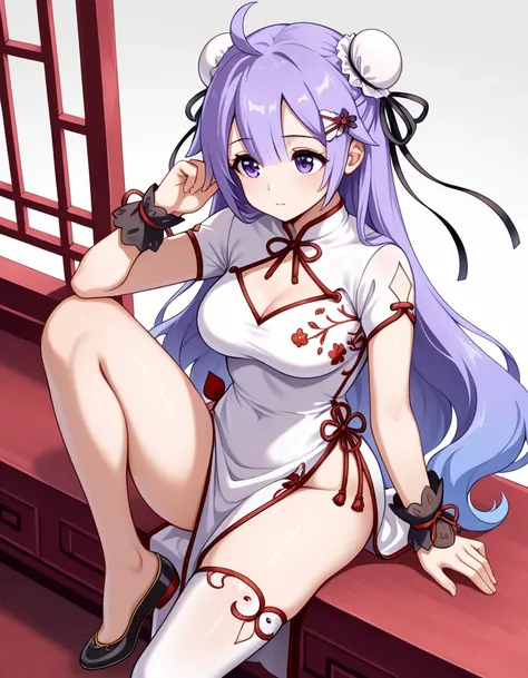 ( masterpiece, best quality）， 1girl ,bangs,bun cover,china dress,Chinese clothes,dress,hair bun,lon hair,purple eyes,purple hair,ribbon,Unicorn_cn,white dress,pelvic curtain,short sleevs,wrist cuffs,ahoge,white thighhighs,very long hair,black ribbon,clothi...